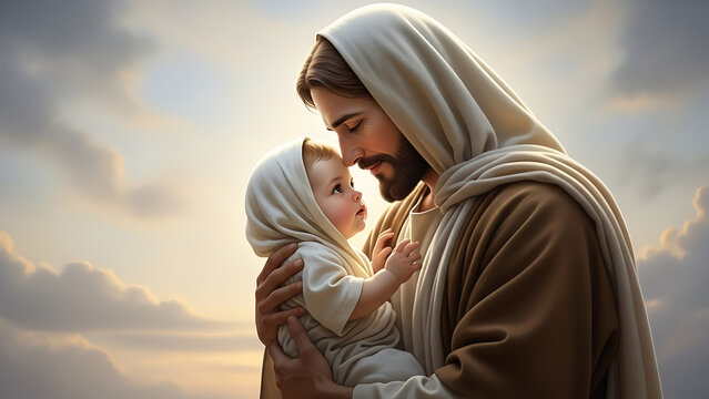 Serene religious depiction of Jesus Christ tenderly cradling the infant savior, expressing divine love, spiritual grace, and sacred peace in a soft ethereal light of heavenly devotion.