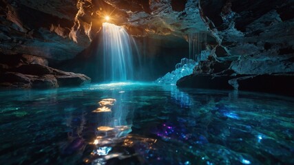 Naklejka premium Majestic underground cave with cascading waterfall and shimmering blue water reflecting lights
