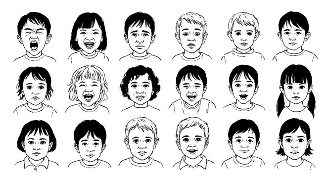 diverse childrens faces displaying a range of emotional expressions on a white background ideal for psychology and emotional intelligence illustrations.