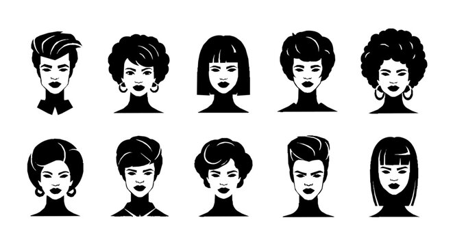 stylized diverse female portraits showcasing modern hairstyles and haircuts in minimalist black and white vector art