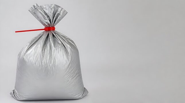 Silver Bag Tied with Red String on a Gray Background, Isolated Object.
