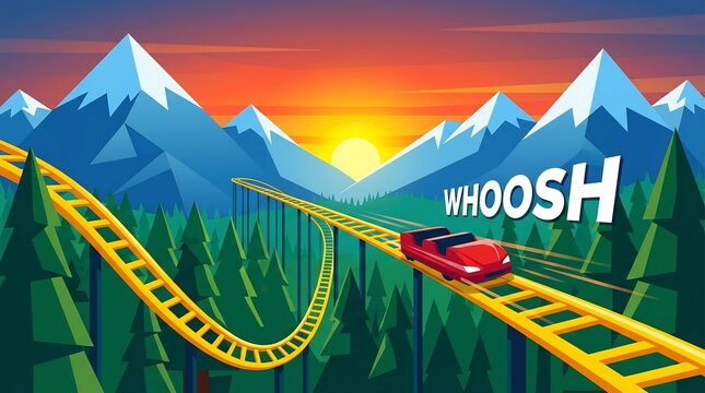 Adventure rollercoaster ride through pine forest during sunset