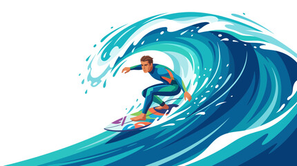 Surfer riding a big blue wave, dynamic water sports illustration © Pratama