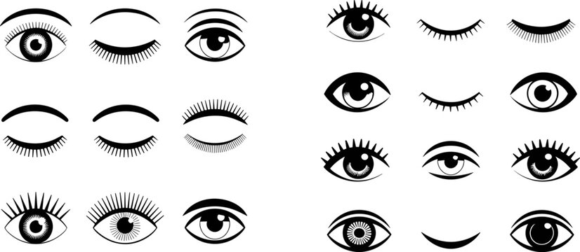 Collection Of Stylized Black And White Eye And Eyelash Icons Open And Closed eyes eyelashes