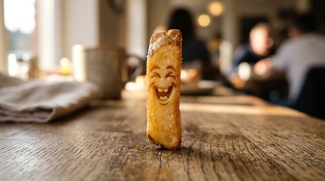 Funny fry character with a wide smile on a rustic wooden surface