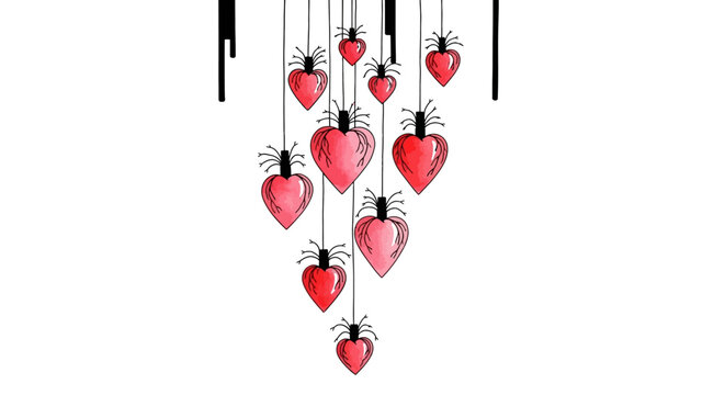 hanging heart shapes with black dripping accents on white background