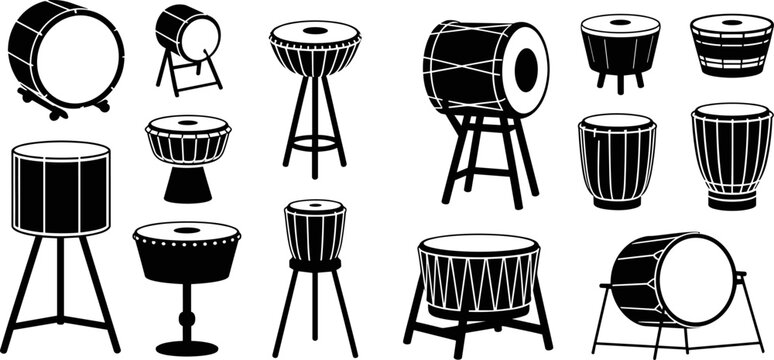 Collection of various black drum silhouettes on a white background Keywords: drum, drums, percussion, musical instrument, rhythm, beat