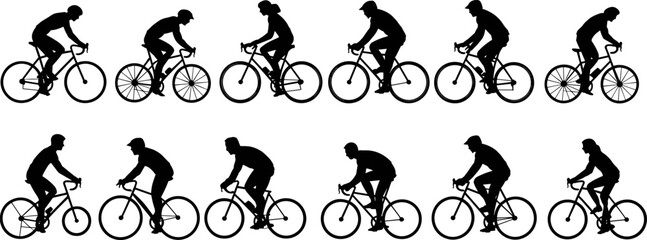 Naklejka premium Cyclists Silhouettes in Motion on White Background vector illustration