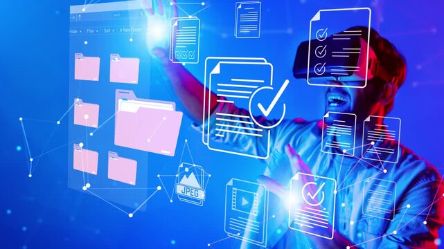 Man in Virtual Reality Headset Interacting with Digital Documents and VR Technology in a Futuristic Environment Sigmoid