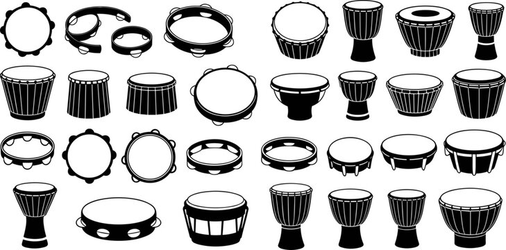 Extensive collection of black drum and tambourine silhouettes on a white background Keywords: drums, percussion, tambourine, djembe, bongo