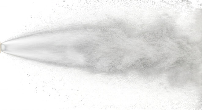 A white mist spray cloud emanating from a nozzle against a solid black background, showing fine particles and a conical dispersion pattern
