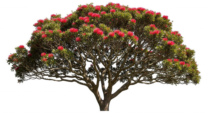 A wide, spreading pohutukawa tree in full bloom with vibrant red flowers and dense green foliage isolated against a solid black background