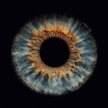 Hyper-detailed isolated human iris and pupil on black background medical reference