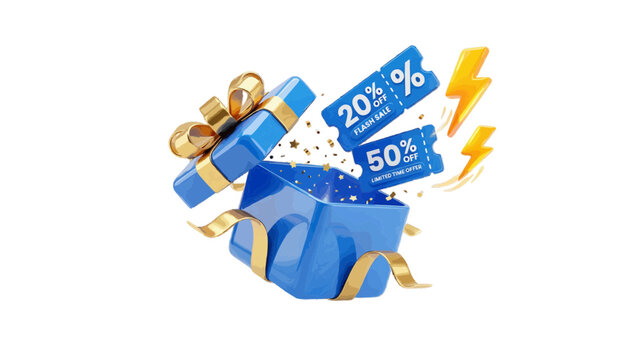 Vector illustration of 3d render of an open blue gift box with discount coupons on a transparent background