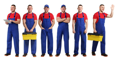 Fototapeta premium Maintenance technician in uniform. Collection of portraits on white background