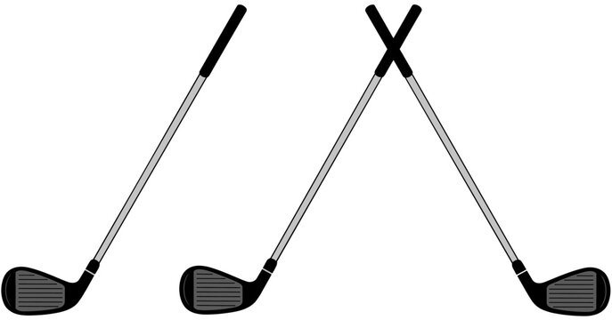 Three Golf Clubs Arranged with Two Crossed on a White Background sport equipment