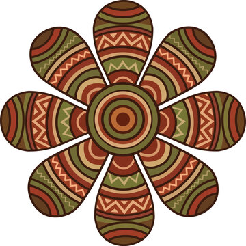 Tribal ethnic flower vector pattern featuring eight petals decorated with geometric zigzags and concentric circles in earth tones on white background.