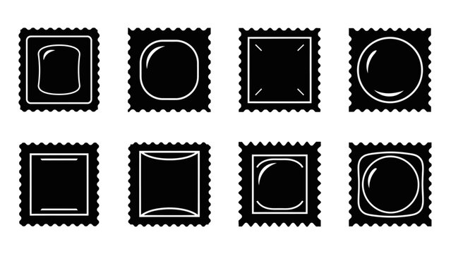 Set of eight black and white condom icons, isolated on white background