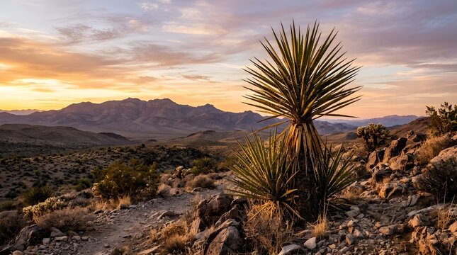 Yucca Plant in Desert Landscape at Sunset
