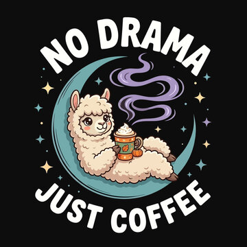 Llama with coffee cup sitting on moon.
