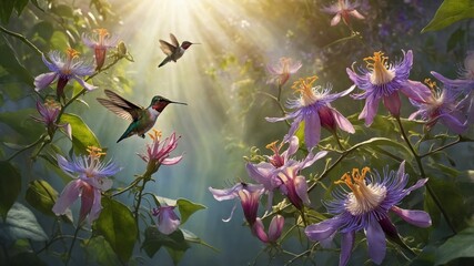 Fototapeta premium Vibrant hummingbirds hovering among colorful passion flowers in a sunlit garden, showcasing nature's beauty