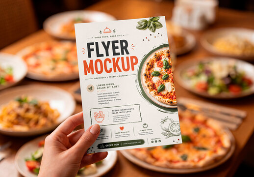 Restaurant flyer mockup in hand