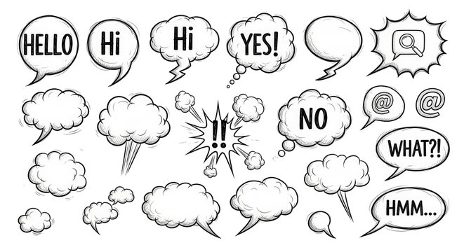 Set of hand drawn sketch style speech bubbles with short words hello yes no and symbols isolated on transparent background, concept of comic book communication