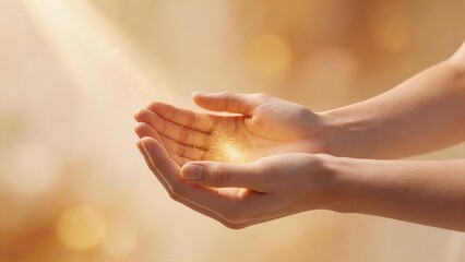 Naklejka premium Hands Holding Golden Light Sparkles, Magic Energy And Healing Power Concept, Warm Sun Rays Background, Spiritual Wellness, Hope And Positivity, Abstract Bokeh Effect For
