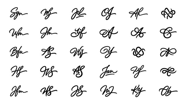 A collection of elegant calligraphic signature designs and monogram templates in black script font on a white background, suitable for branding.