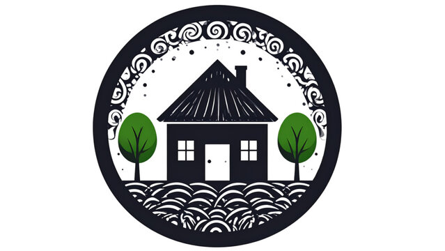 House and trees icon in black circular farm landscape style