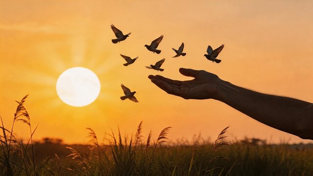 Silhouette of human hand releasing white doves flying into golden sunset sky symbolizing freedom peace hope love nature spirituality liberation soul bird wildlife outdoor