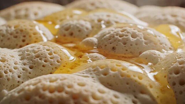 Closeup of Honey Pouring Over Ethiopian Injera Bread Bubbles.