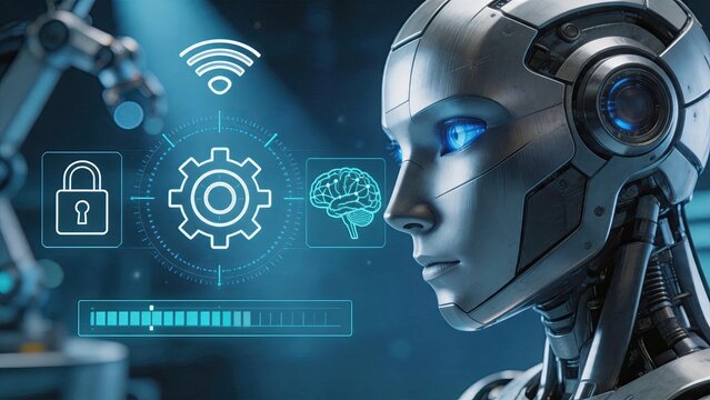 Artificial intelligence robot face with blue eyes and futuristic HUD interface, machine learning settings, cybersecurity lock icon, brain neural network, advanced technology and