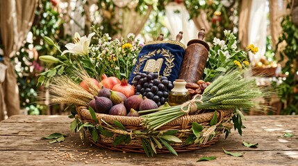 Fototapeta premium Wicker basket with Torah scroll and bikkurim including wheat, pomegranates, figs, grapes, and olive oil. Traditional Jewish Shavuot holiday celebration concept with fruit and flower.