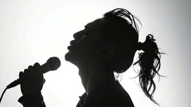 Silhouette of a person singing into a microphone, hair tied back