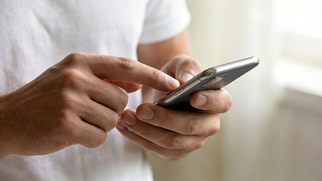 Close up of hands typing and scrolling on smartphone screen, person using mobile device for texting or browsing internet in bright indoor environment wearing white t-shirt.