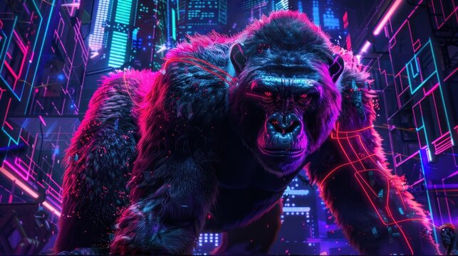 Digitally enhanced gorilla in a futuristic city