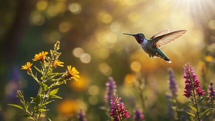 Fototapeta premium Hummingbird hovering near vibrant wildflowers in a sunlit garden, showcasing nature's beauty