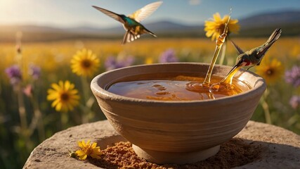 Fototapeta premium Two hummingbirds feeding from a bowl of honey in a vibrant flower field during sunset