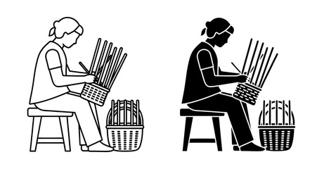 People weaving baskets, craft icons, line art illustrations, black and white © Ryead