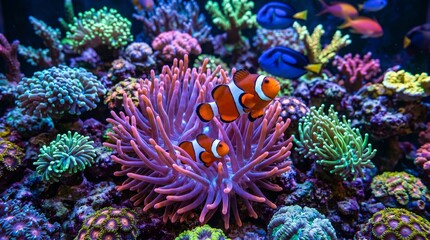 Vibrant coral reef with clownfish swimming. © MUHAMAD