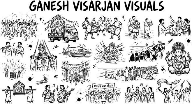 Ganesh Visarjan Festival Doodle Sketch Line Art. Hindu devotees celebrating Lord Ganesha's immersion procession, depicting Indian religious traditions and rituals.