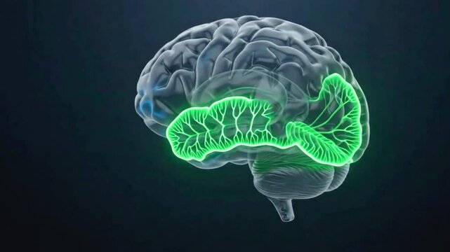 Close-up view of a translucent human brain with a highlighted temporal lobe, symbolizing memory and thought.