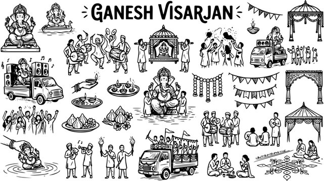 Hindu Ganesha Visarjan Festival Celebration Elements. Hand-Drawn Black and White Line Art Doodle Style for Indian Religious Immersion.