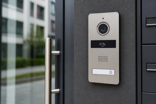 Close-up of a modern silver intercom system mounted on a grey building exterior next to a door.