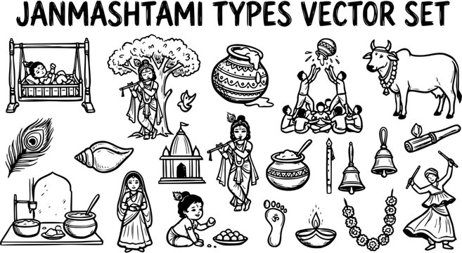 Janmashtami Hindu Festival Black  White Line Art Vector Set featuring Lord Krishna, Dahi Handi, traditional symbols, and celebration elements.