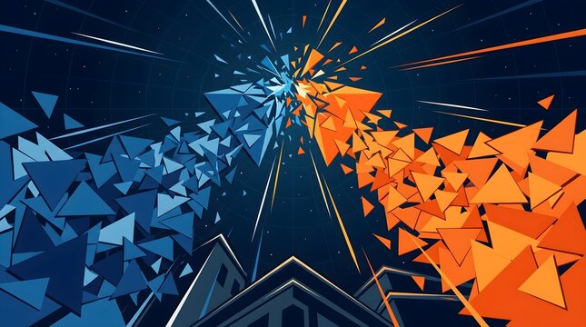Geometric triangular explosion design with blue and orange triangles