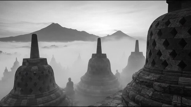 Ancient stone stupas at Borobudur temple in black white.