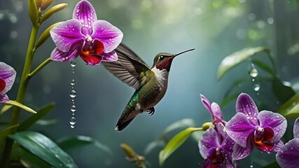 Fototapeta premium Vibrant hummingbird hovering near blooming orchids with water droplets in a lush, green forest