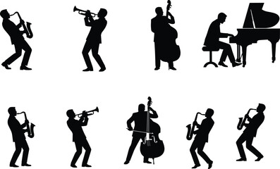 Jazz Musician Silhouette Collection Featuring Saxophone, Trumpet, Double Bass and Piano Performers in Live Concert Performance Poses © Sarjina